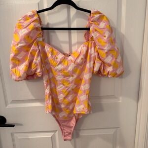 Zara Sz M Pink White Yellow Plaid Floral Puff Sleeve On/Off‎ Shoulder Bodysuit